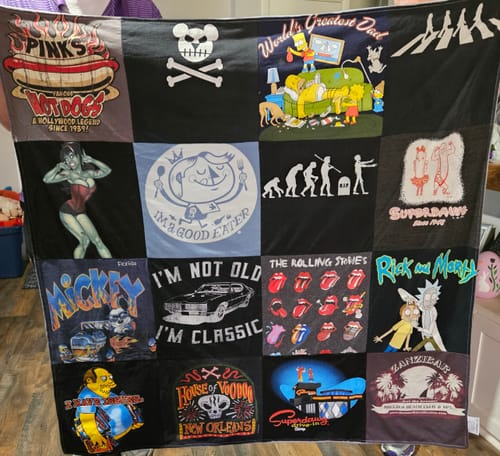T-shirt quilt with food, comics themes by Sharon from OR
