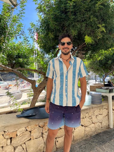 Customer photo review of Chemise à manches courtes décontractée à rayures verticales bleu vintage pour hommes