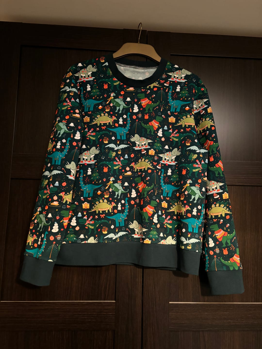 Customer photo review of Christmas Dinosaurs on Dark Teal French Terry Fabric