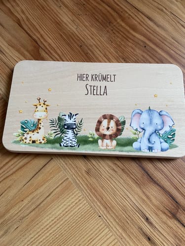 Customer photo review of Breakfast board personalized - animal group - baby gifts, baby gift birth, baptism, christening gifts, birth, baby, gift, kids gift - Personalization: Name: Stella