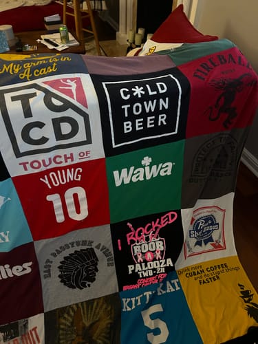 T-shirt quilt with beer, food festivals themes by Kathryn from PA
