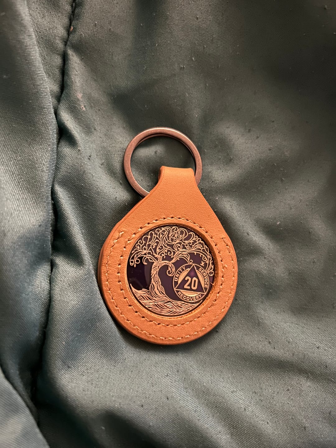 Customer photo review of 20 Year Sobriety Mint Twisted Tree of Life Gold Plated AA Recovery Medallion - Twenty Year Chip/Coin - Purple