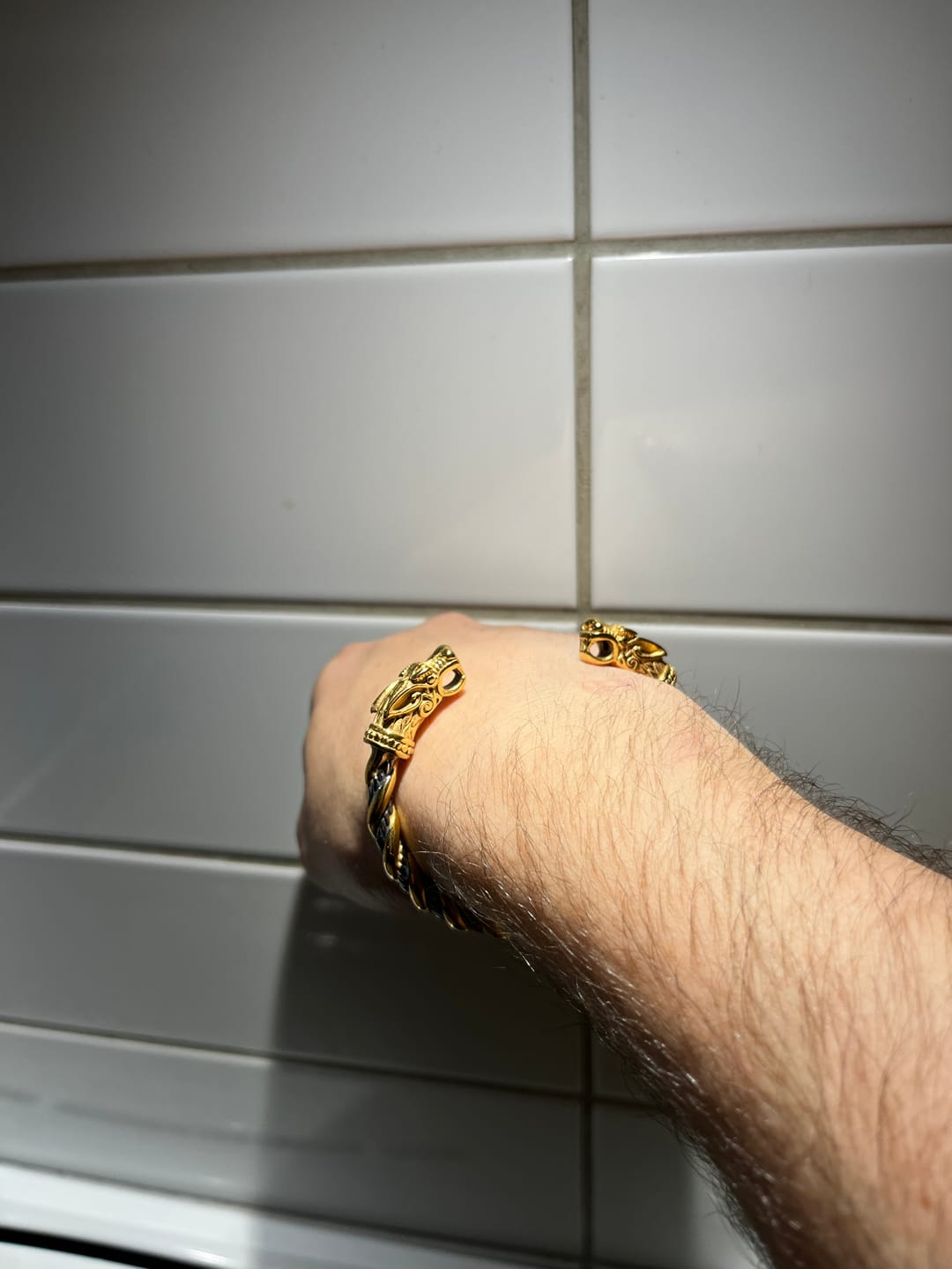 Customer photo review of Wolf Head Viking Bracelet with Wooden Box