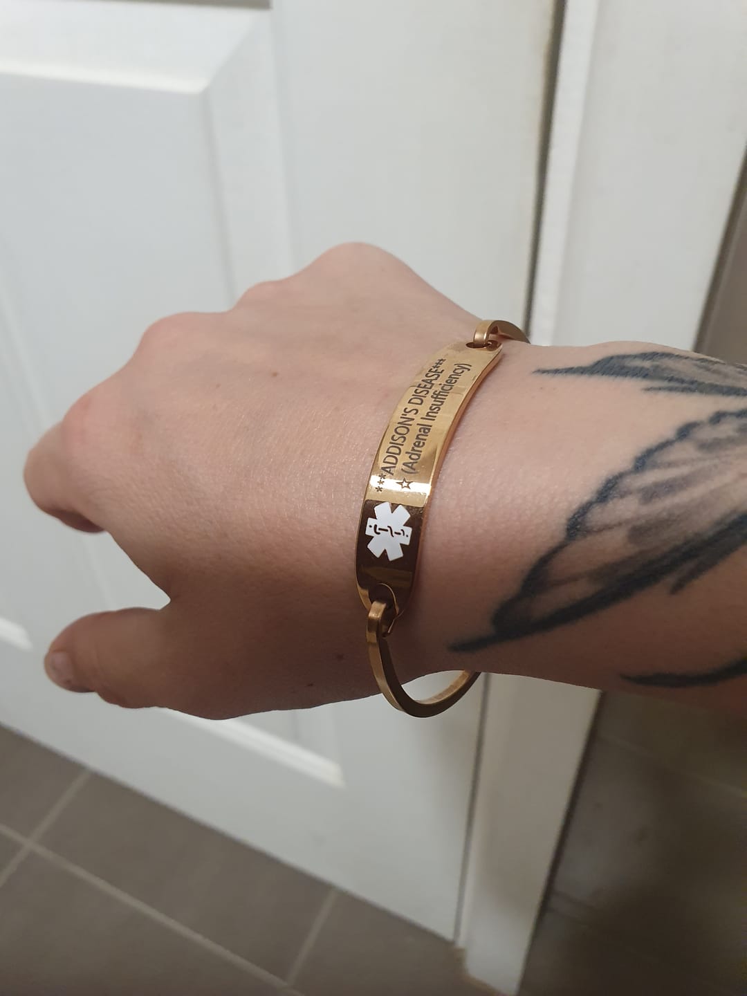 Customer photo review of Personalised Rose Gold Medical Alert ID Bangle Bracelet