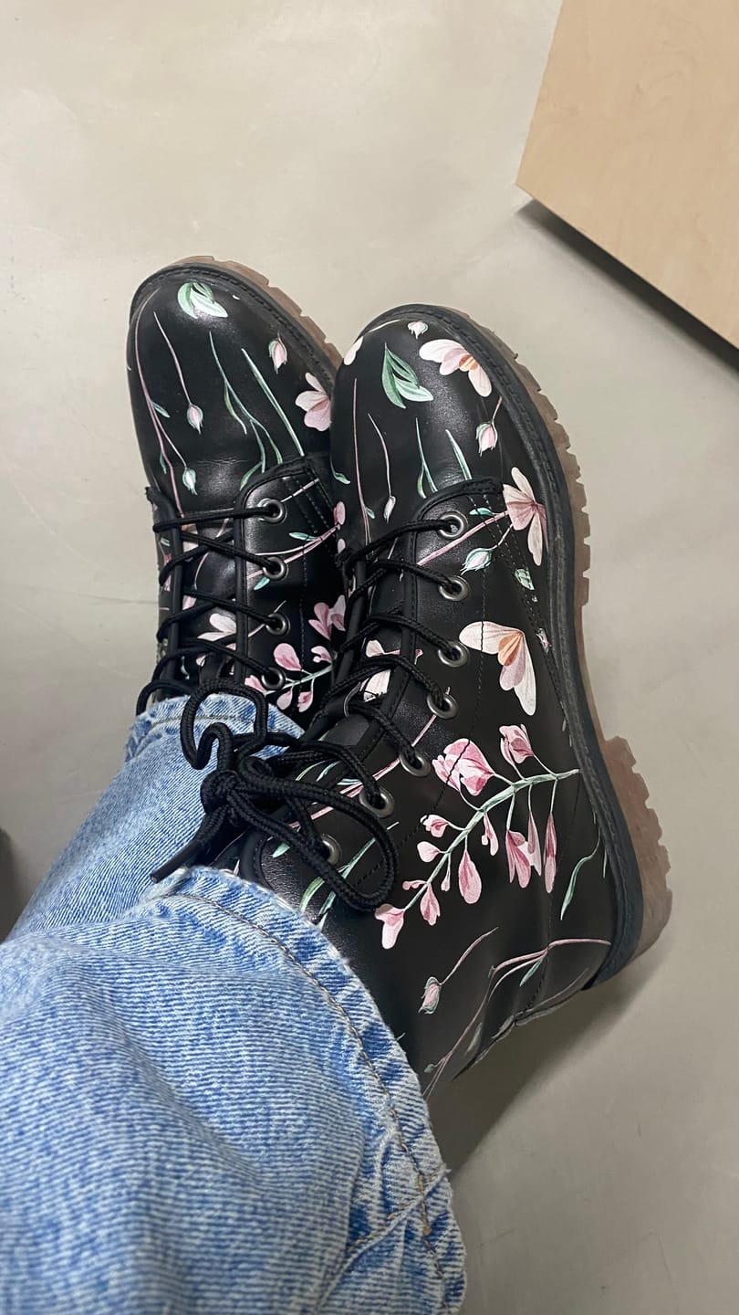 Customer photo review of Pink Flowers Boho Style On Black Vegan Leather Combat Boots