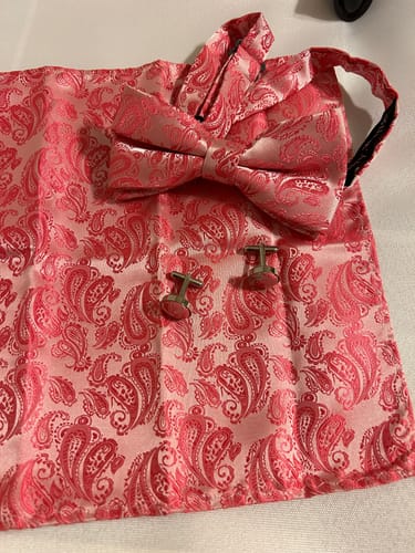 Customer photo review of Barry Wang Mens Rose Red Pink Paisley Silk Bow Tie Hanky Cufflinks Set