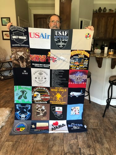 T-shirt quilt with motorcycles, travel themes by Debra from TX