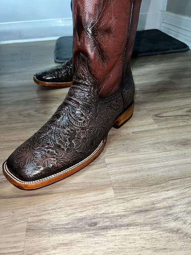 Customer photo review of Chocolate Brown Hand-Tooled Leather Boots — Square Toe