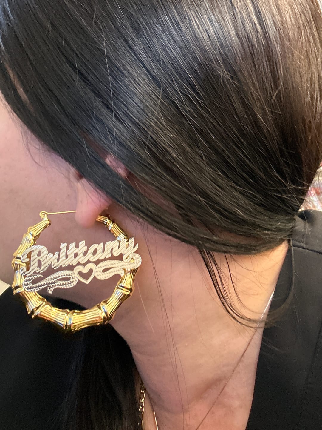 Customer photo review of Double Plated Heart Outline Bamboo Name Hoop Earrings