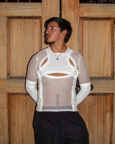 Customer photo review of Mens Mesh Patchwork Cutout Long Sleeve T-Shirt SKUI92743