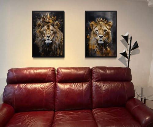 Customer photo review of Lion King And Lioness Queen With Crowns Black Gold Framed Canvas Wall Art