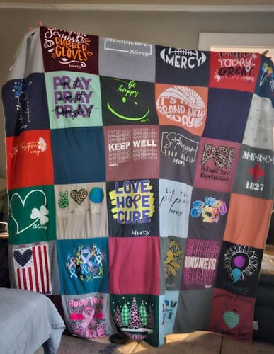 T-shirt quilt with positive affirmations, health themes by Staci from OK