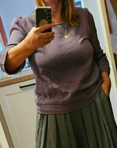Customer photo review of Blouse Eulalie manches 3/4 - double gaze de coton lavande