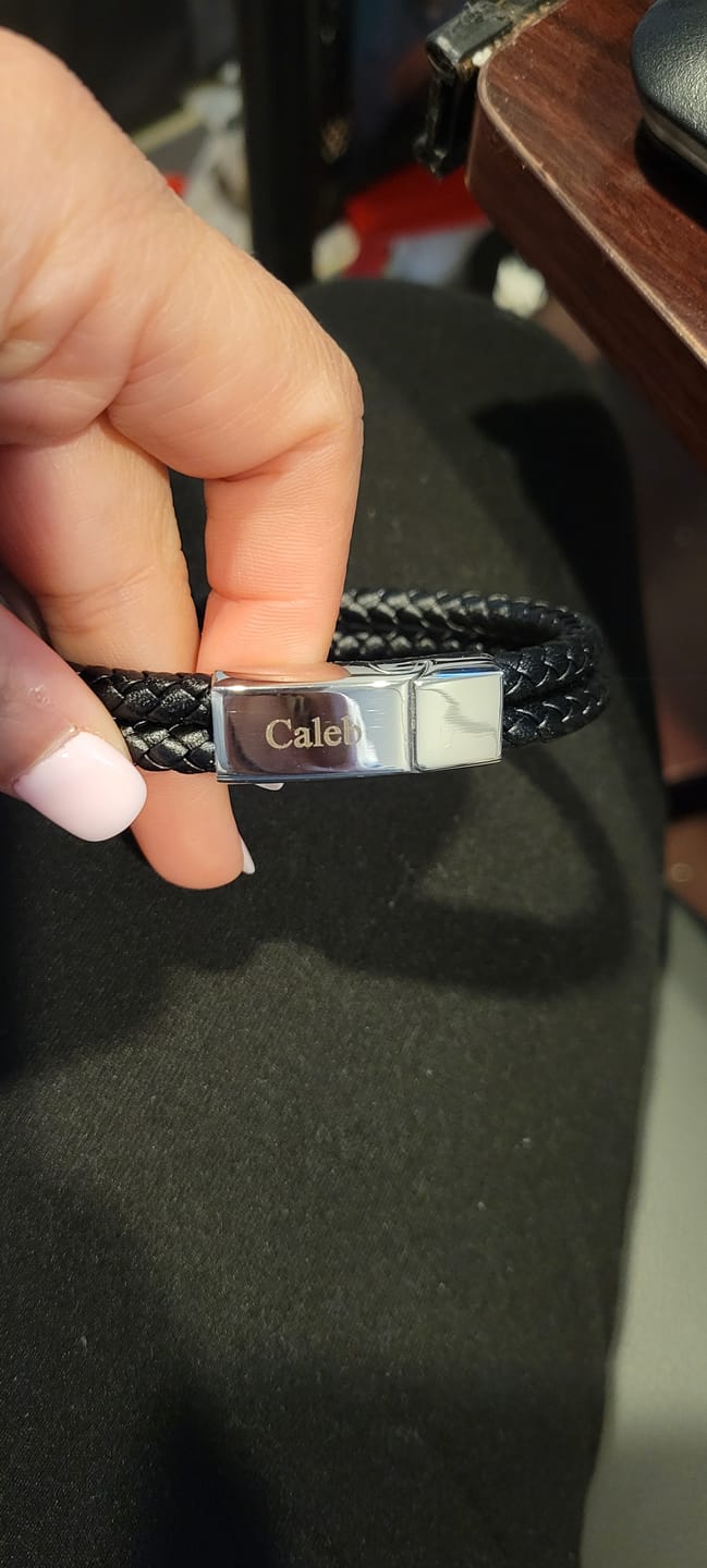 Customer photo review of Engraved Leather Bracelet