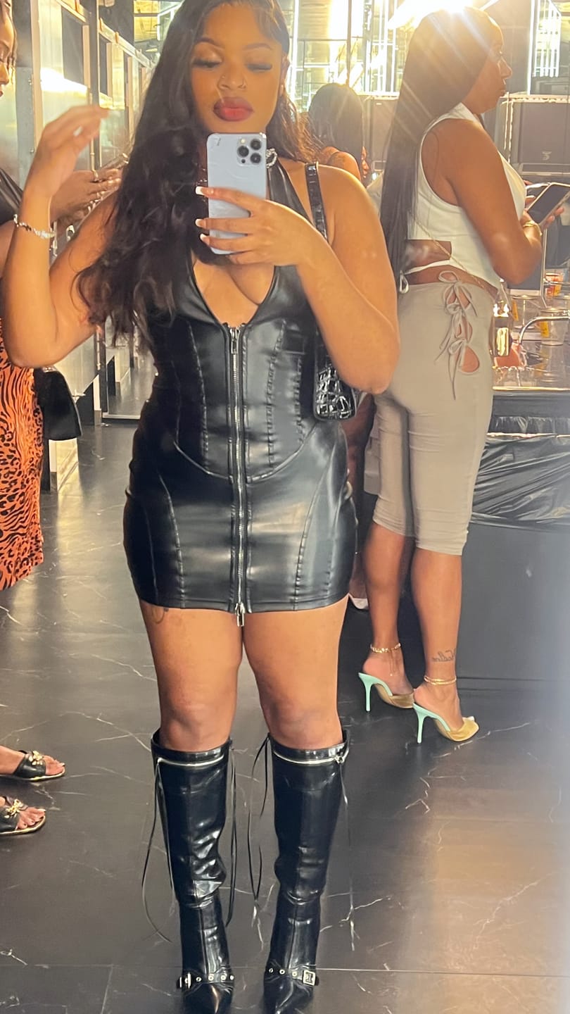 Customer photo review of To Be Mine Faux Leather Halter Dress