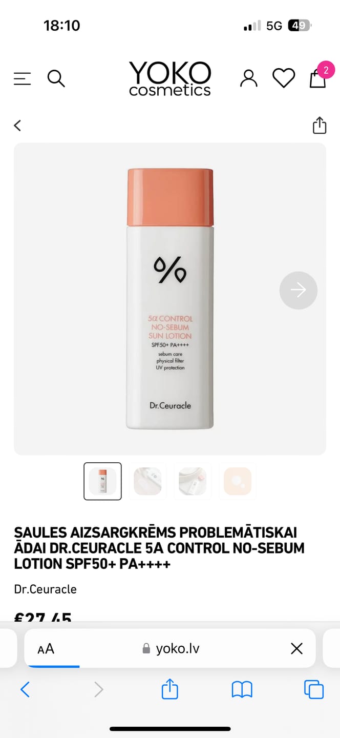 Customer photo review of Saules aizsargkrēms problemātiskai ādai Dr.Ceuracle 5α Control No-Sebum Lotion SPF50+ PA++++