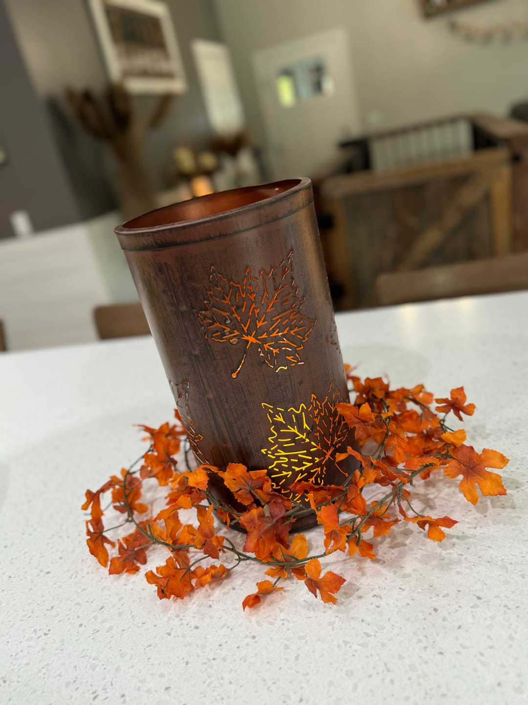 Customer photo review of Brown Leaf Cutout Lantern