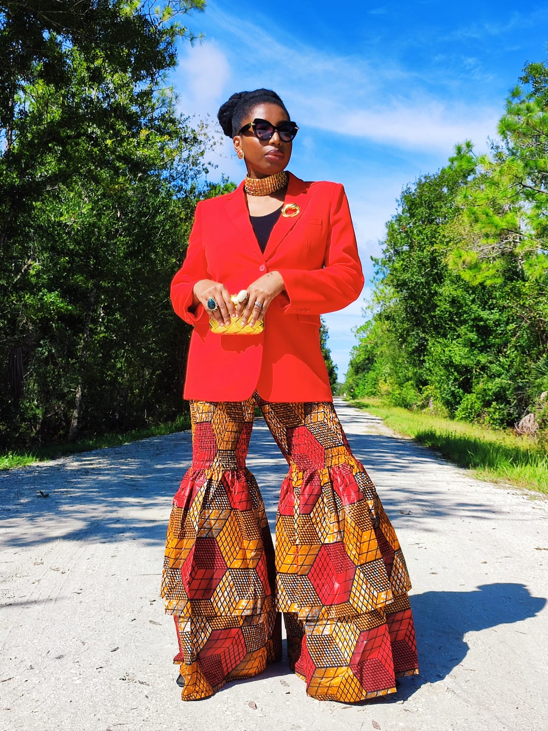 Customer photo review of Kimi Women's African Print Bell Bottom Pants- Blue