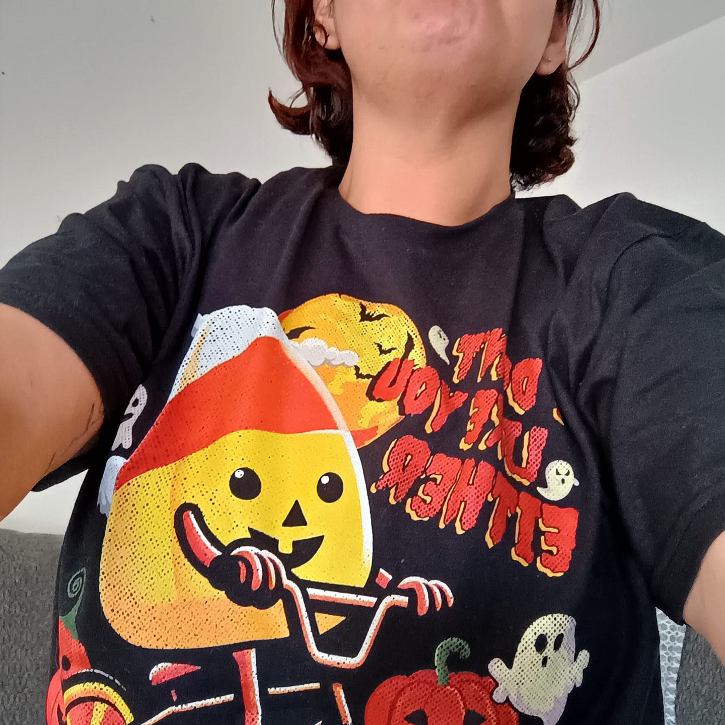 Customer photo review of I Don't Like You Either Cutie Candy Corn HalloweenT-Shirt