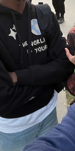 Customer photo review of Puff Print Hoodie - The World is Yours