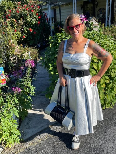 Customer photo review of Jawbreaker Swing Dress in Silver Laminate - Vixen by Micheline Pitt