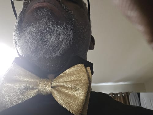 Customer photo review of Golden Solid Self-tied Bow Tie Pocket Square Cufflinks Set