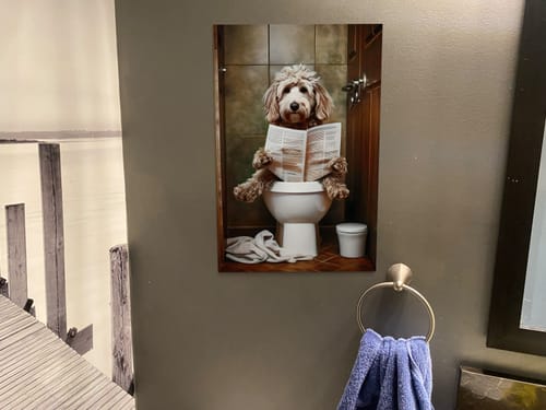 Customer photo review of Goldendoodle Dog On The Toilet Reading Newspaper Wall Art