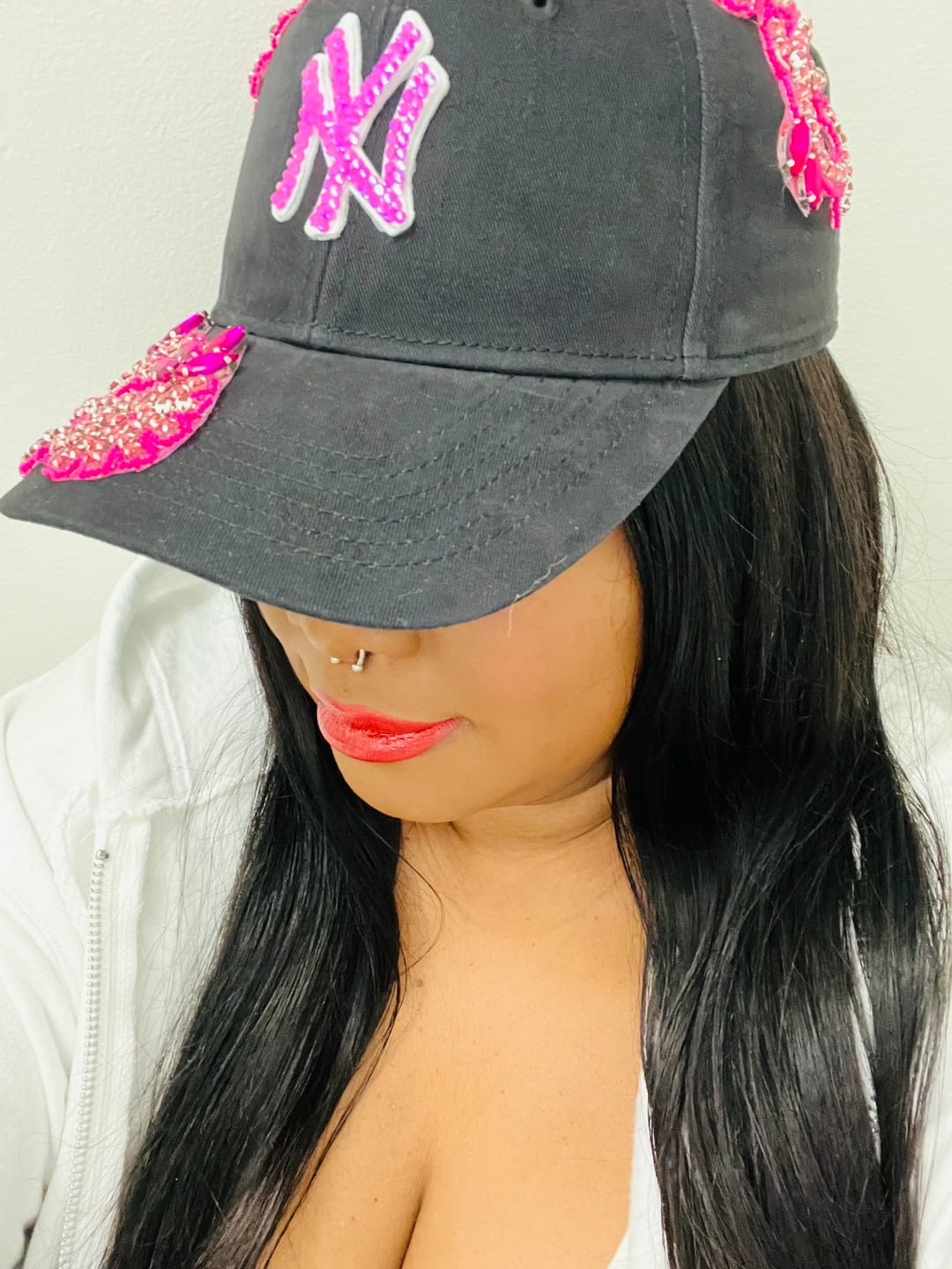 Customer photo review of Custom Beaded Pink Crystal Applique New York Hat