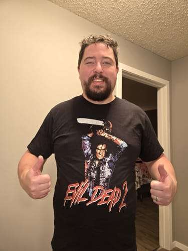 Customer photo review of Ash's Chainsaw Evil Dead T-Shirt
