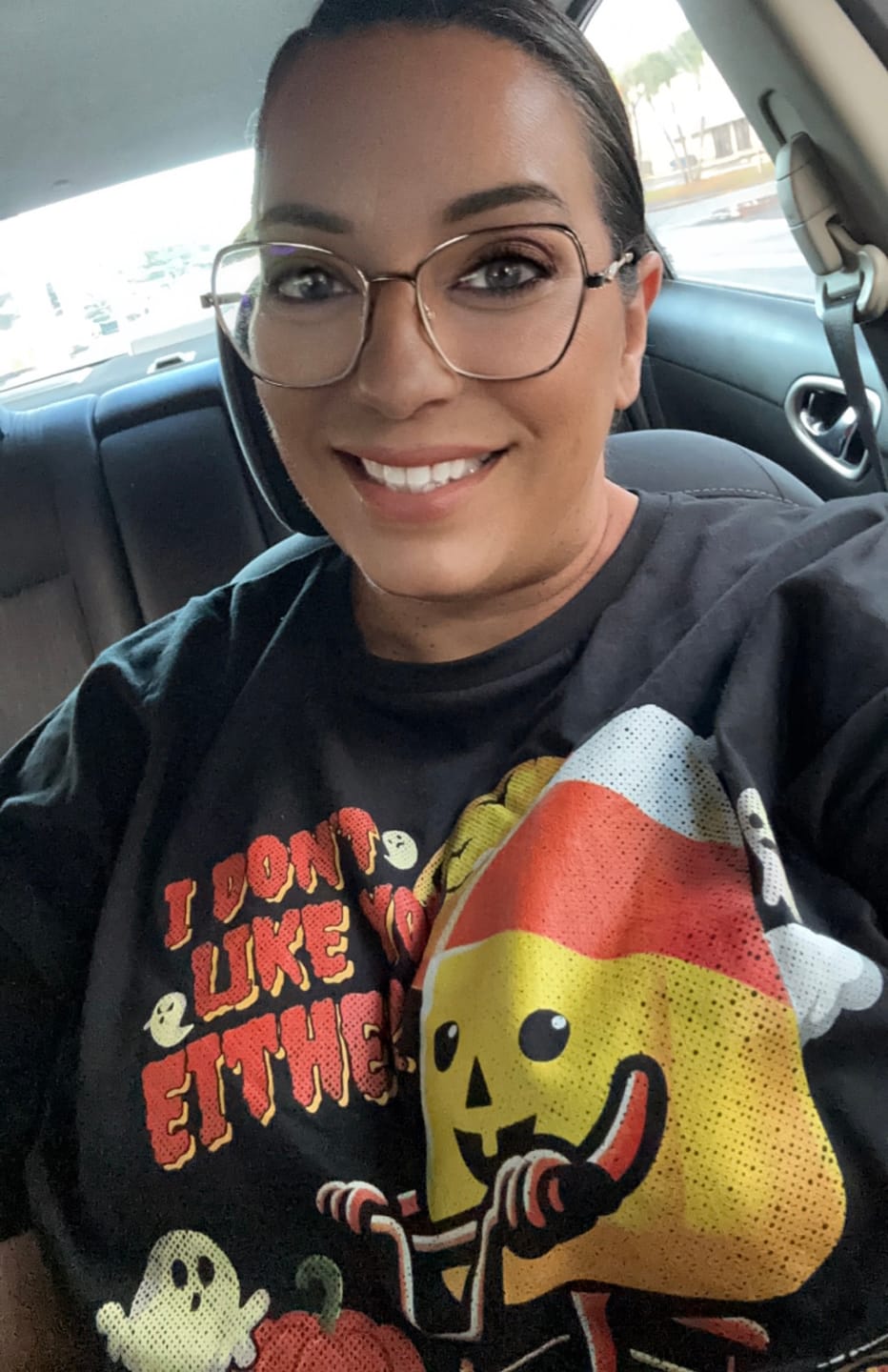 Customer photo review of I Don't Like You Either Cutie Candy Corn HalloweenT-Shirt
