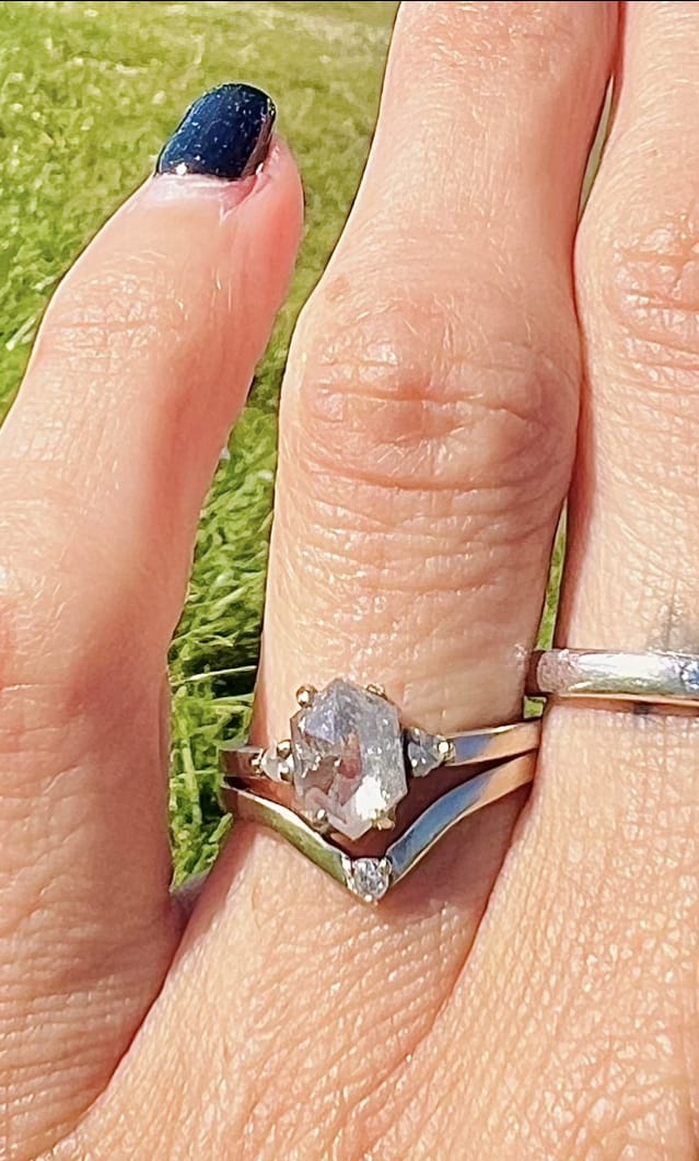 Customer photo review of Custom: Elongated Hexagon Cut, Salt and Pepper Diamond Engagement Ring