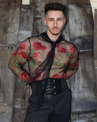 Customer photo review of Mens Floral Embroidered Tie Neck Mesh T-Shirt SKUK36409