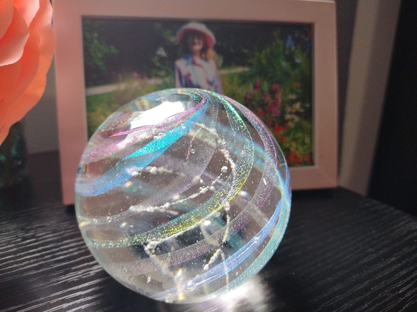 Customer photo review of Dichroic Rainbow Orb with Cremains