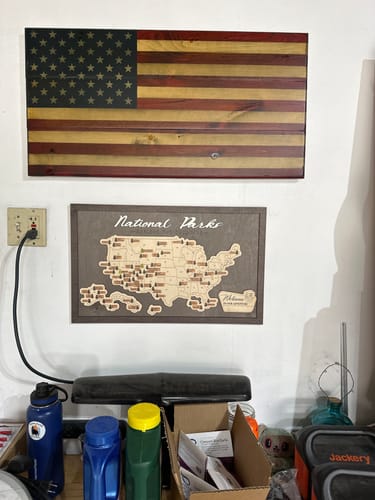 Customer photo review of US Wooden National Parks Travel Map With Trees To Record Park Visits (Light Grey)