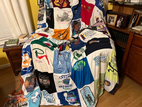 T-shirt quilt with running, fitness themes by Sabra from MD