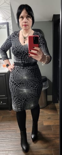 Customer photo review of Deadly Wiggle Dress in Vintage Spider Web Print - Vixen by Micheline Pitt
