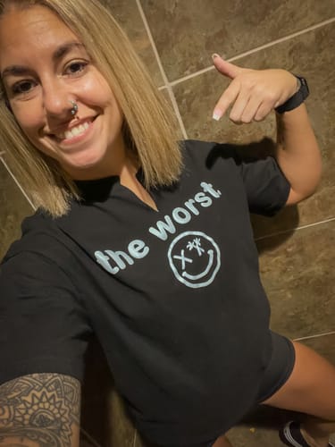 Customer photo review of Salty Savage Ladies “the worst” Oversized Boyfriend Tee