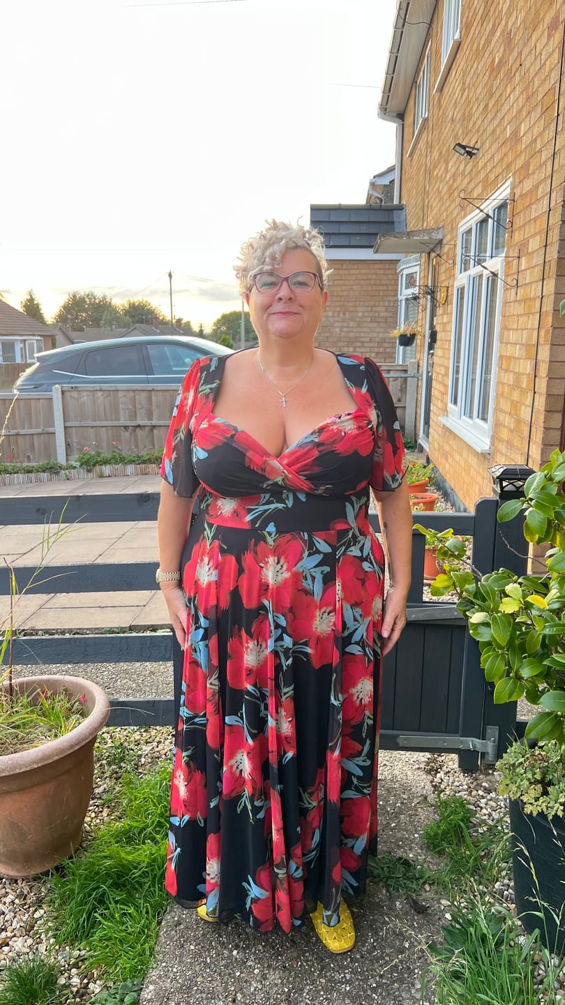 Customer photo review of Kemi Petite Scarlet Black Print Bolero Wrap Bodice Maxi Gown