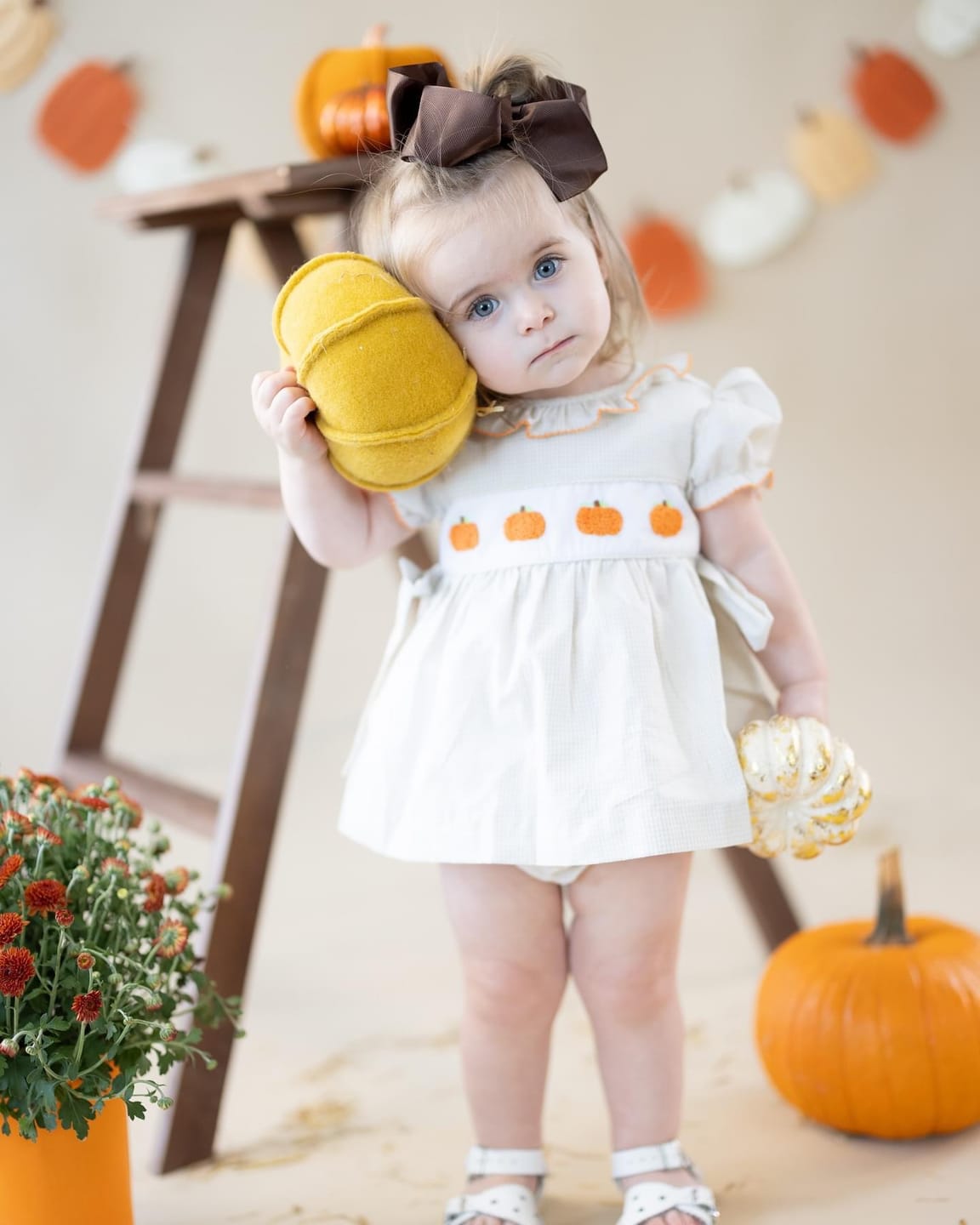 Customer photo review of Pumpkin French Knot Tan Gingham Beverly Bloomer Set