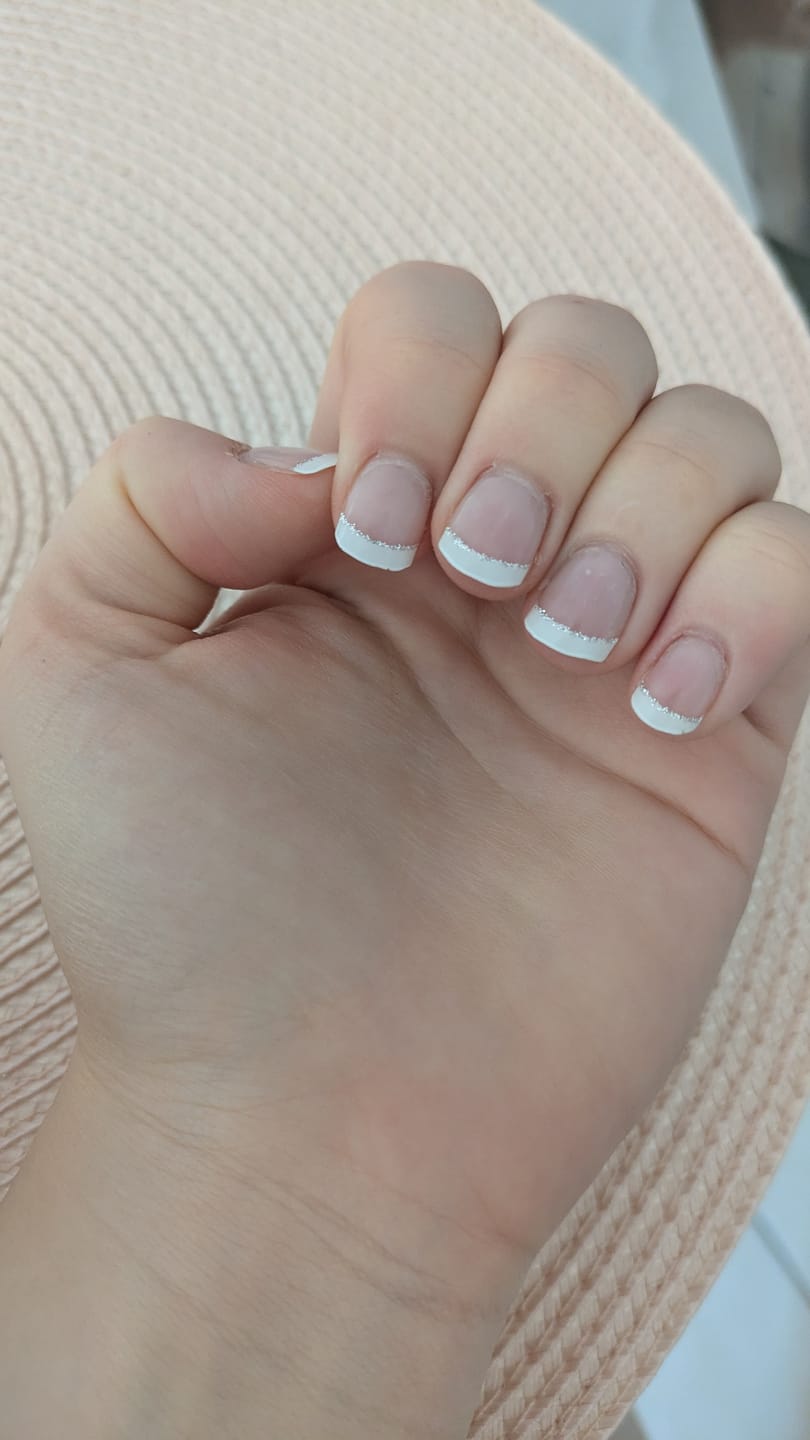 Customer photo review of White French Tip Glitter DIY Semicured Gel Nail Sticker Kit