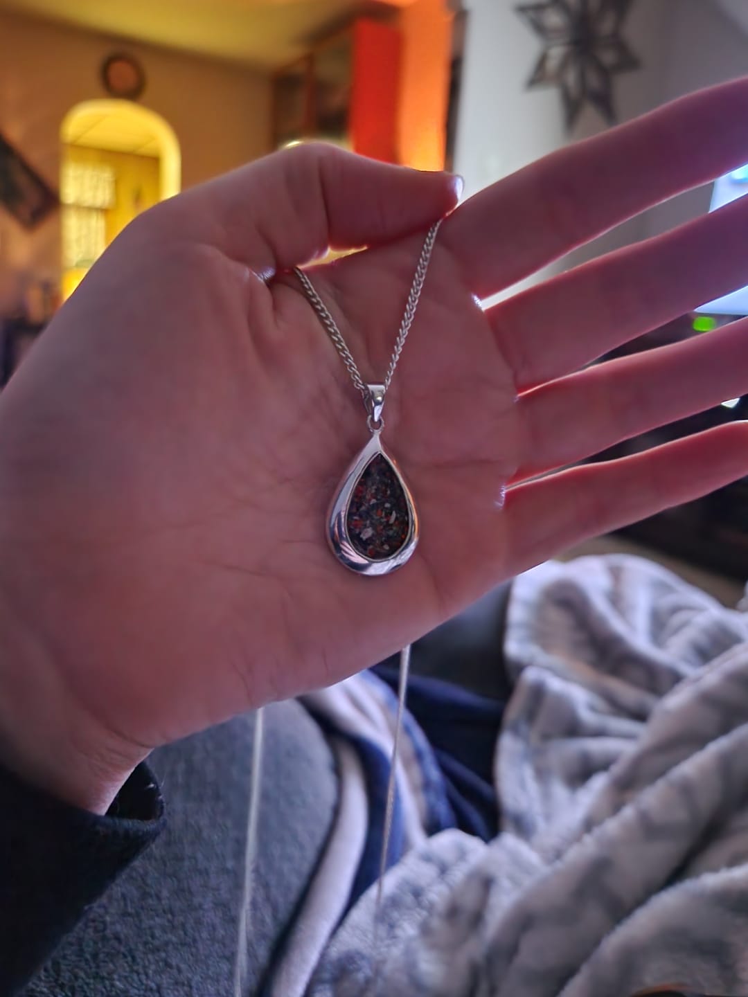 Customer photo review of Pear Drop Opal Cremation Pendant - Engravable