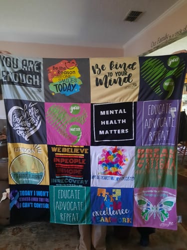 T-shirt quilt with mental health advocacy, self-improvement themes by Dee from GA