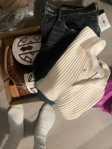 Customer photo review of Men’s Cognac Hand-Tooled Leather Boots With White Shaft