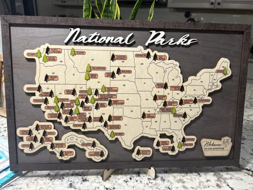 Customer photo review of US Wooden National Parks Travel Map With Trees To Record Park Visits (Light Grey)