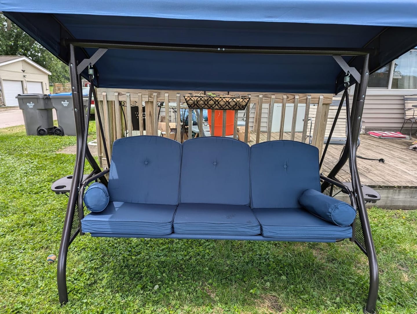 Customer photo review of 3-Seat Outdoor Porch Swing with Adjustable Canopy and Backrest,Blue