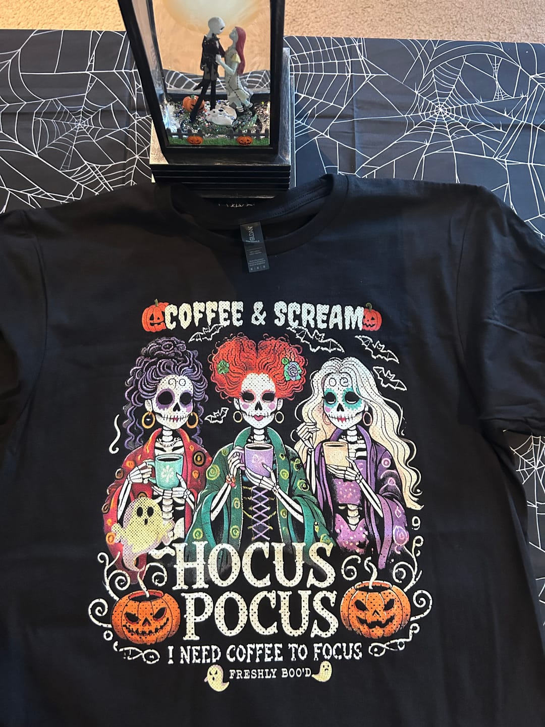 Customer photo review of Hocus Pocus I Need Coffee To Focus Fresh Boo'd Halloween T-Shirt