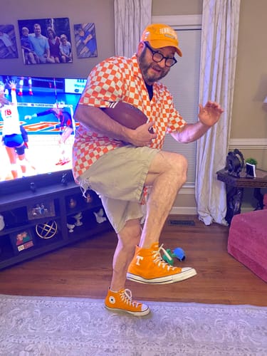 Customer photo review of Orange And White Checkered Pattern Print Men's Short Sleeve Shirt