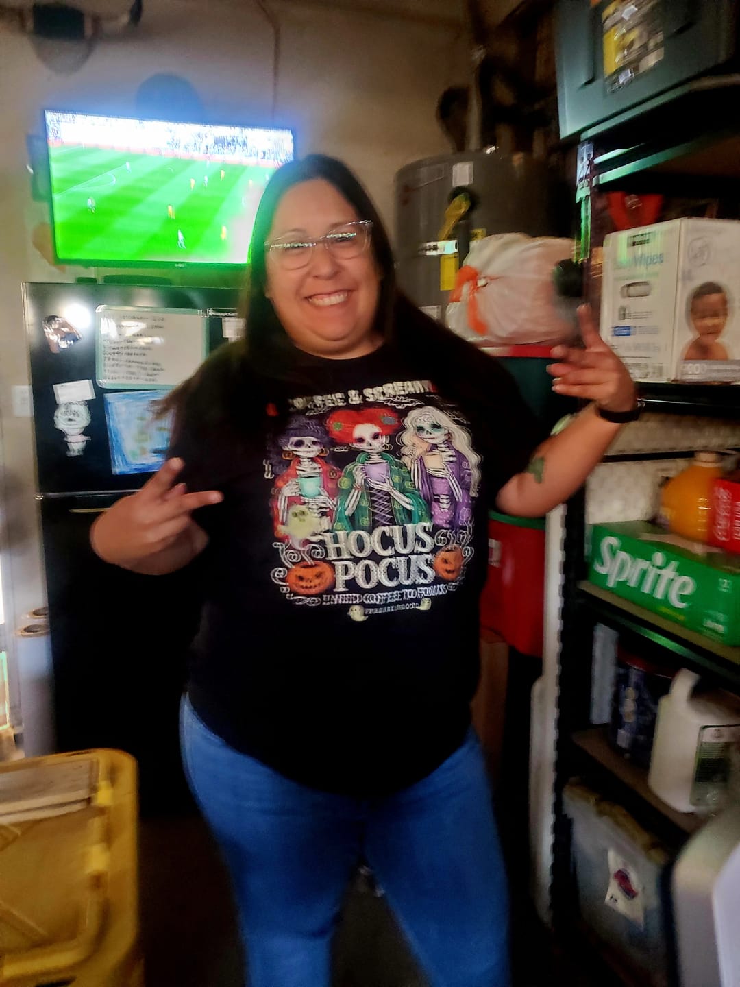 Customer photo review of Hocus Pocus I Need Coffee To Focus Fresh Boo'd Halloween T-Shirt
