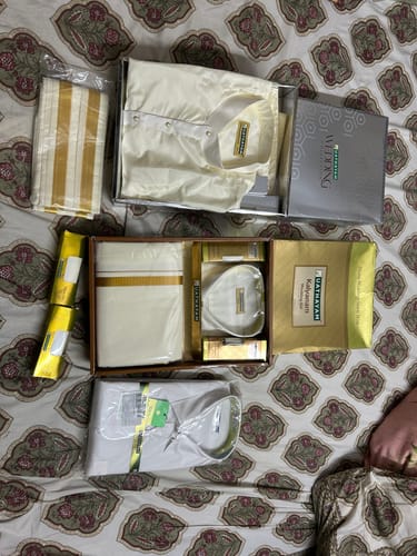 Customer photo review of Premium - White Shirt And Fancy Gold Jari Double Dhoti Set For Men | Uathayam