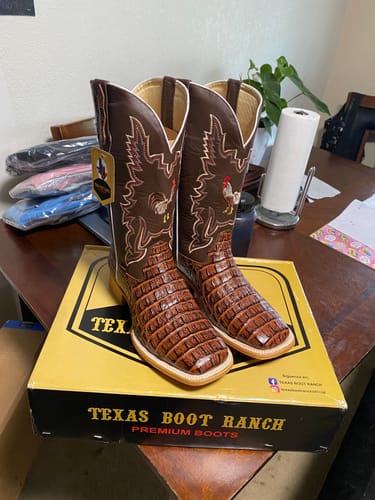 Customer photo review of Men’s Cognac Crocodile Horn-Back Leather Boots With Brown/ Rooster Shaft
